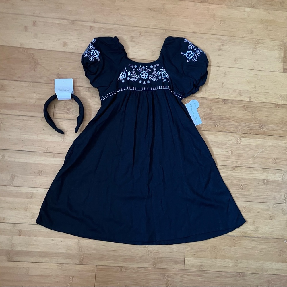 NWT Girls Size 10-12 Rachel Zoe Black & White Embroidered Puff Sleeve Dress